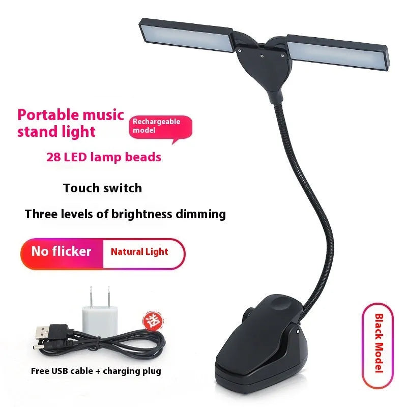 Music stand light with flexible gooseneck and 28 LED lamps for sheet music illumination