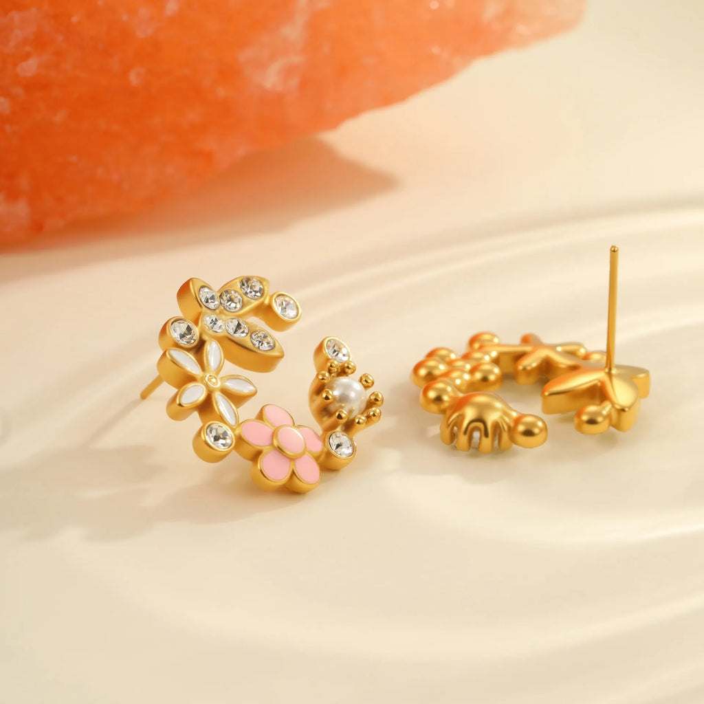 Flower stud earrings with colourful oil diamond petals on stainless steel with 18K gold electroplating