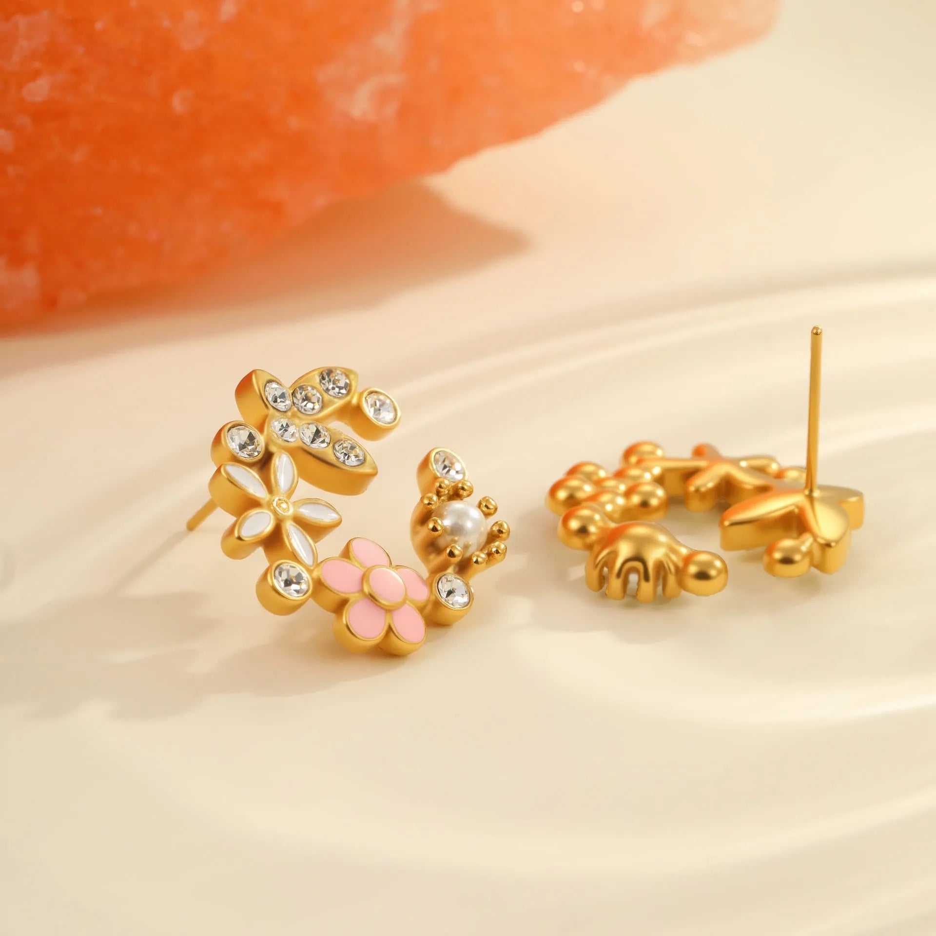Flower stud earrings with colourful oil diamond petals on stainless steel with 18K gold electroplating