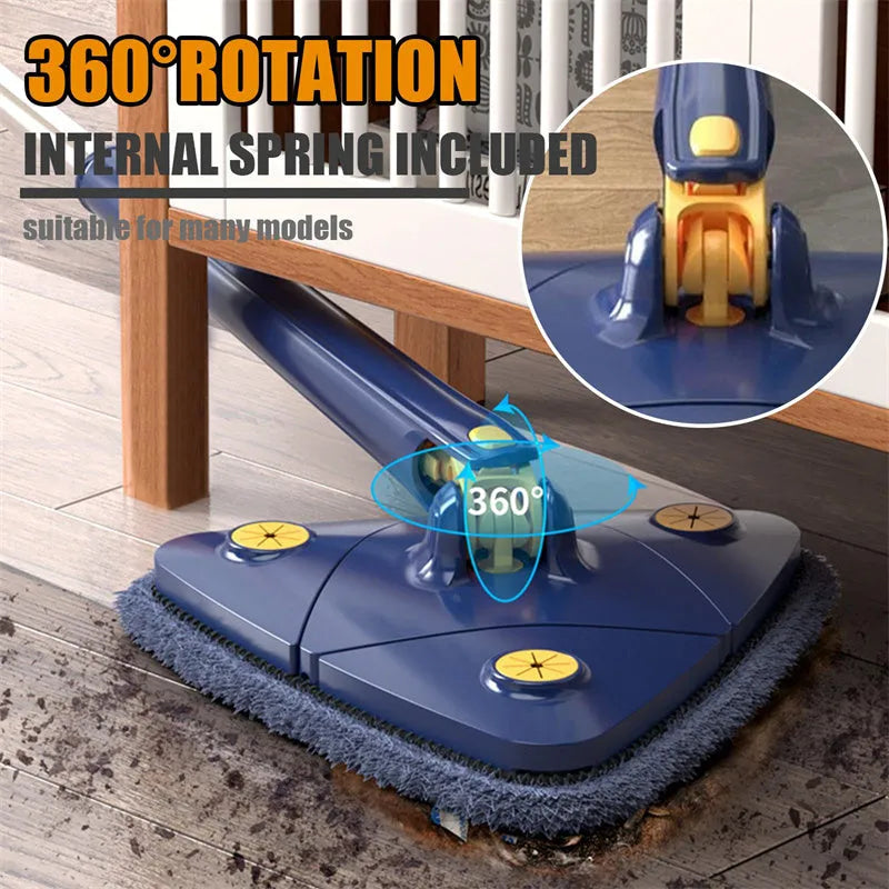 Blue extendable triangle cleaning mop with 360-degree rotating head on a stainless steel pole.