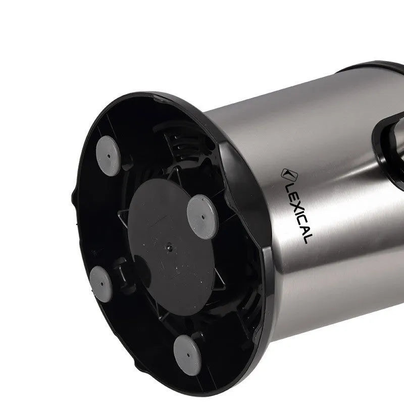 Stainless steel manual citrus juicer with round feeding port for lemons and oranges.