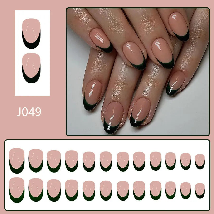 Black French style press on nails 24 pieces short almond shape artificial nails