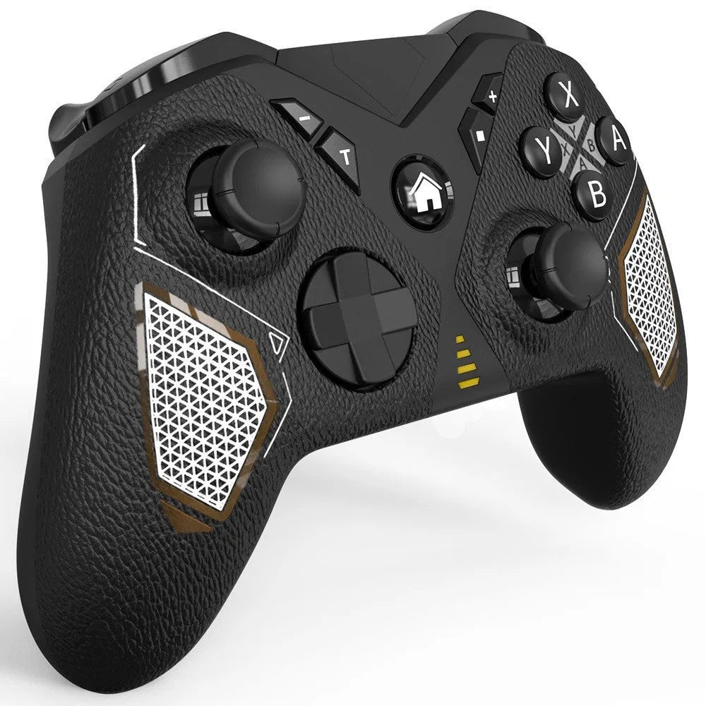 Black wireless game controller with leather-textured grips for Nintendo Switch gaming