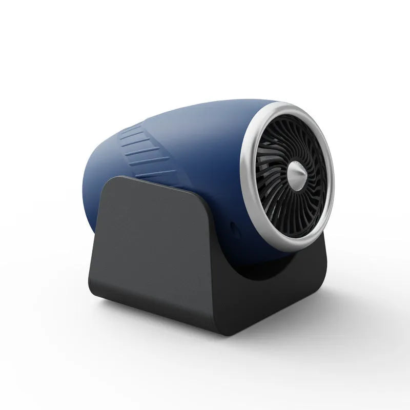 Navy blue 12V car heating fan with adjustable nozzle for defrosting windows and warming car interiors.