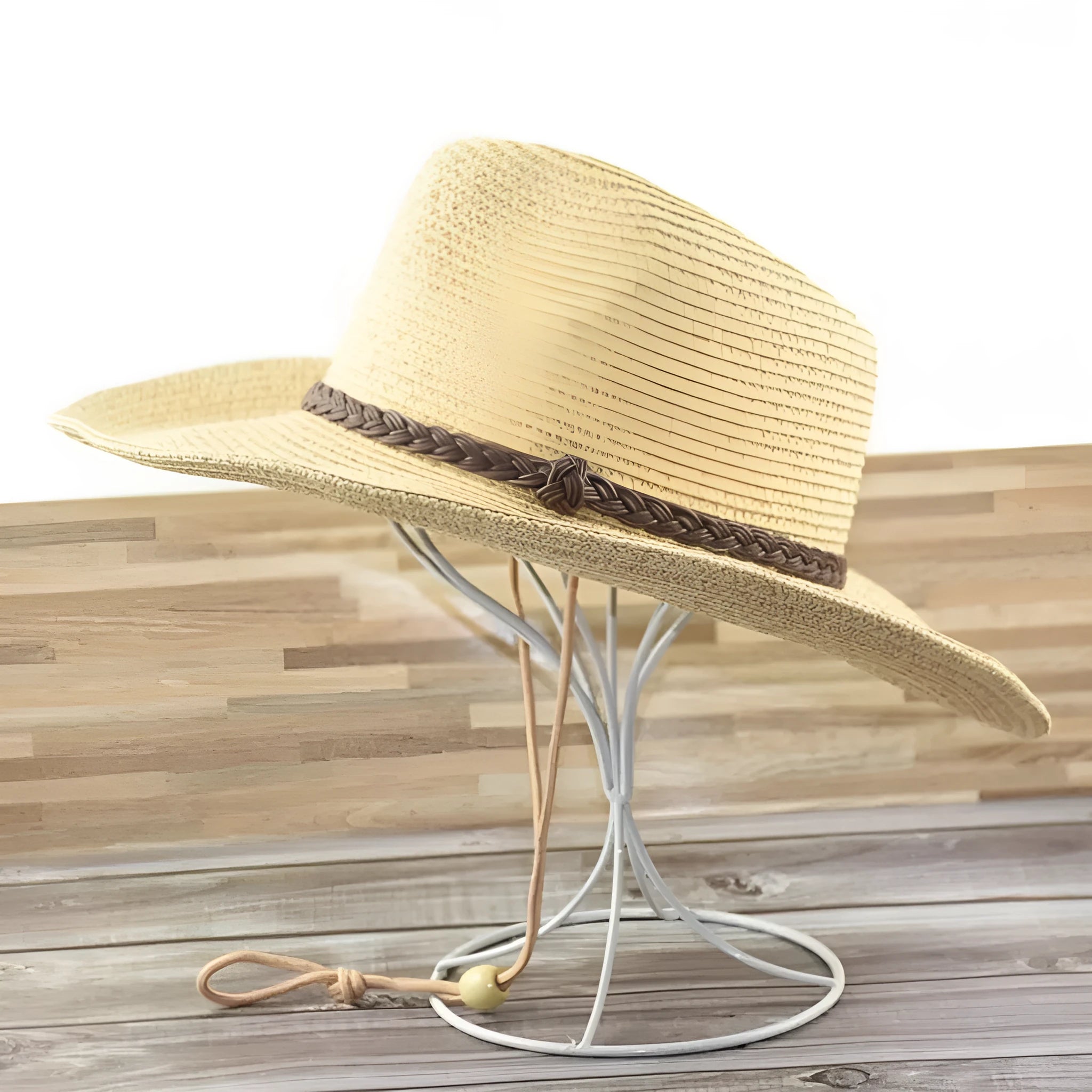 Foldable straw sun hat for men with wide brim in mixed beige colour