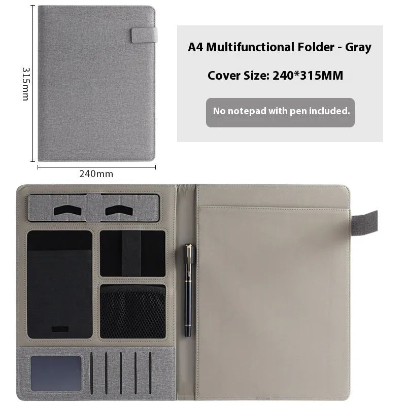 A4 leather business folder in black with pen and notepad options for office use