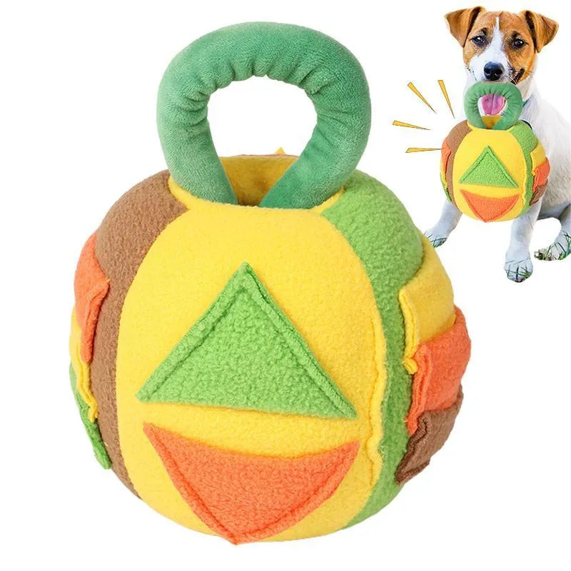 Pink and green polyester squeaky plush ball dog toy with snuffle pockets for treats