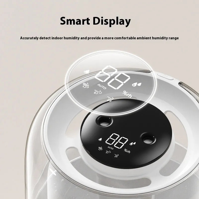 Beige round USB humidifier with digital display, dual spray nozzles and night light