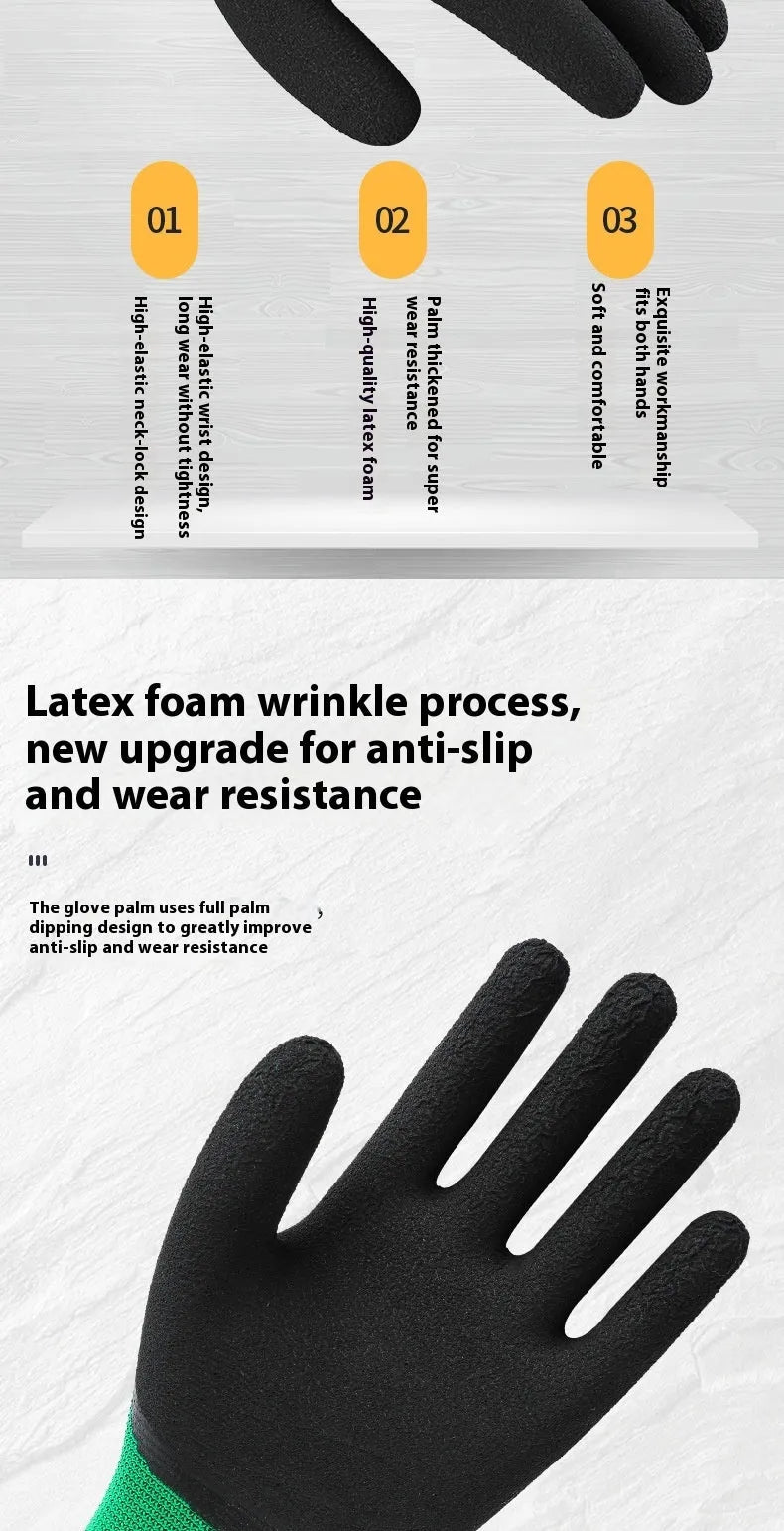 Black and green rubber work gloves with textured non-slip surface, shown in size M.