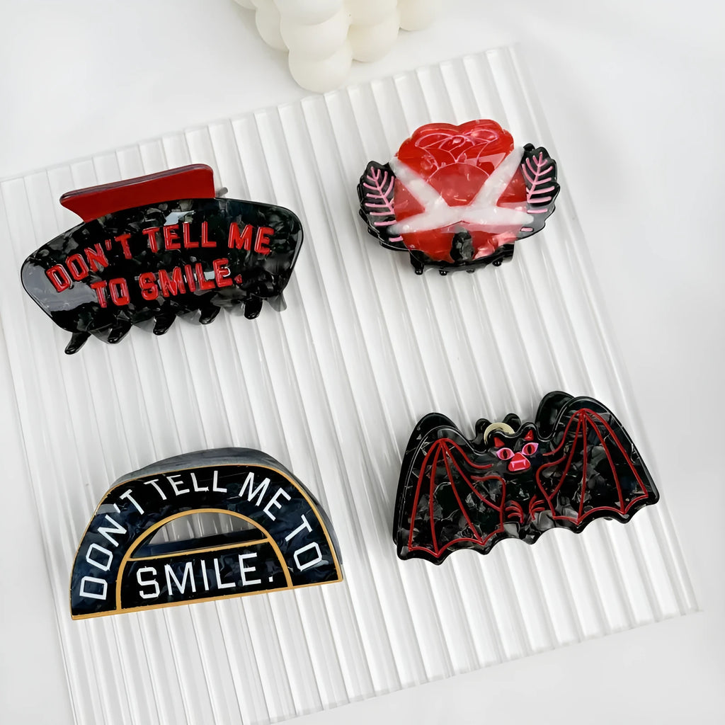 Halloween hair clip with hand-made shark and bat vinegar fabric design in four colour options