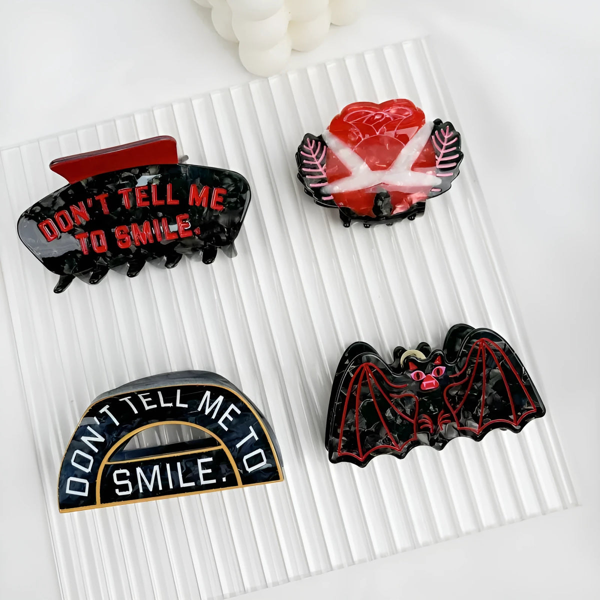 Halloween hair clip with hand-made shark and bat vinegar fabric design in four colour options
