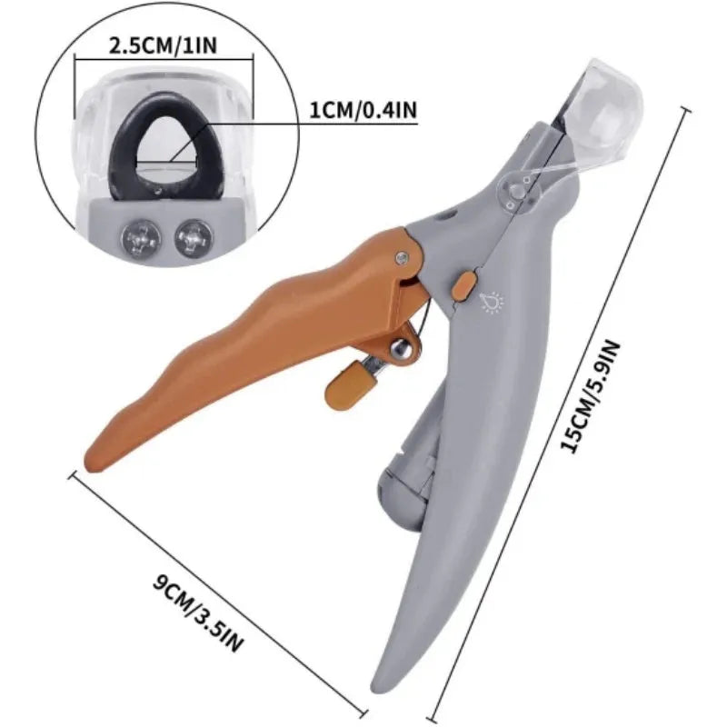 Yellow pet nail clipper with built-in LED light and magnifying lens for trimming dog and cat nails.