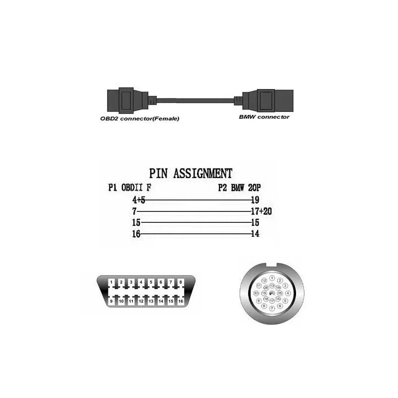 BMW OBD2 diagnostic adapter cable with 20-pin and 16-pin connectors