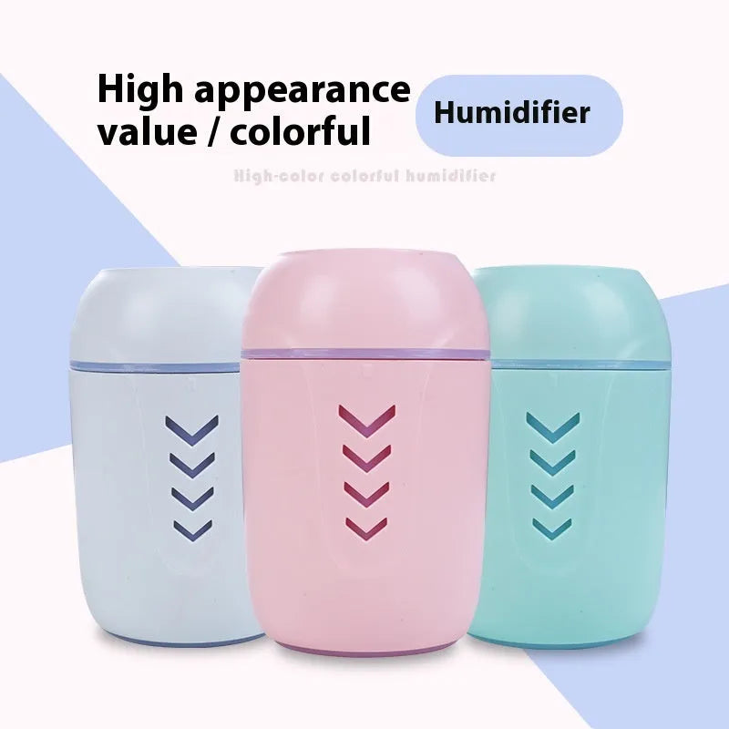 Round portable air purifier unit in white, pink, or blue colour options with USB cable for vehicle and desktop use