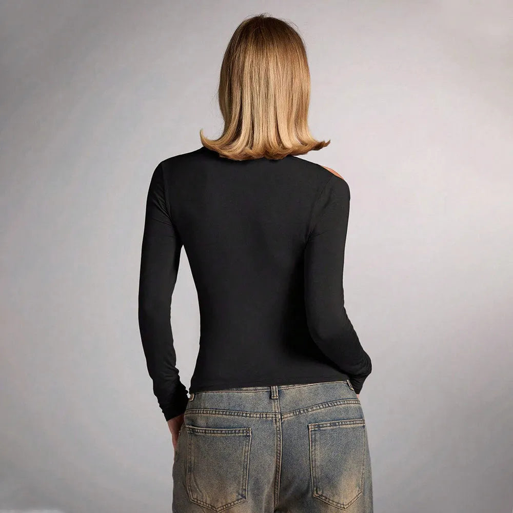 Black women's slim fit halter top with long sleeves and a strapless V-neck design.