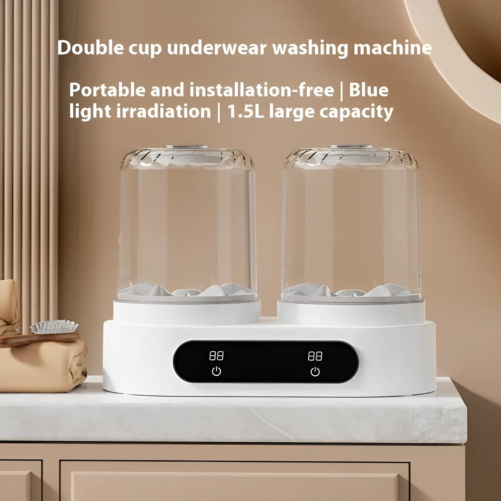 White USB-powered portable mini washing machine with two buckets and mechanical controls.