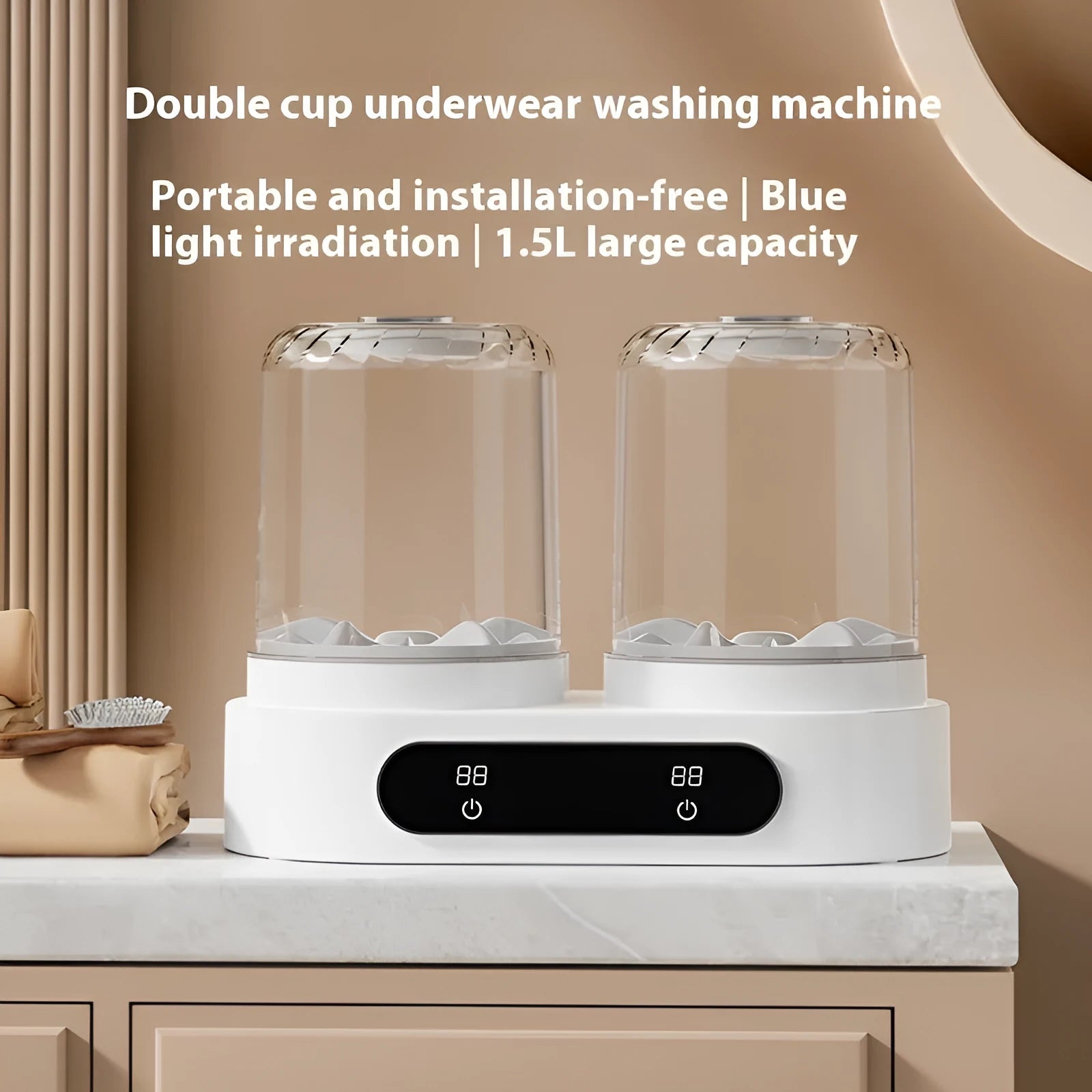 White USB-powered portable mini washing machine with two buckets and mechanical controls.