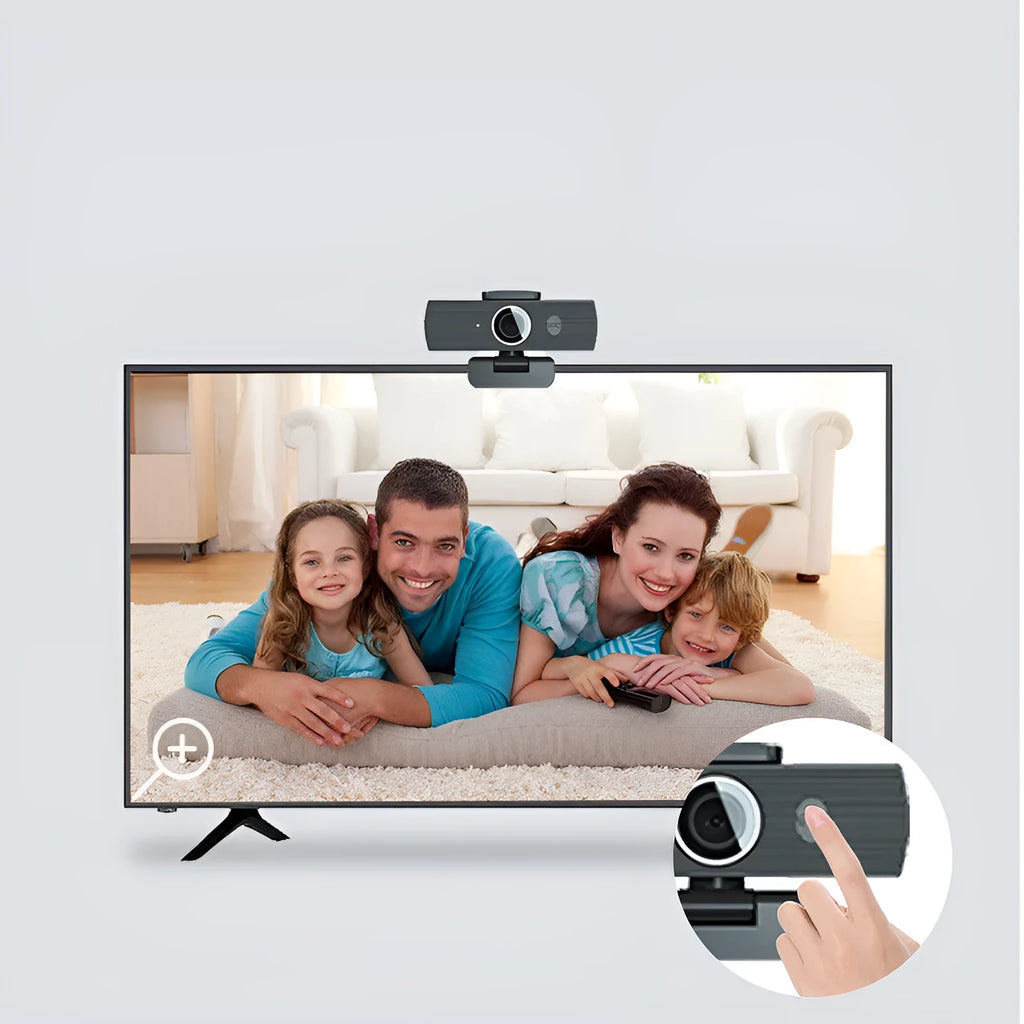 Black 8 MP USB webcam with attached magnetic privacy cover on its lens
