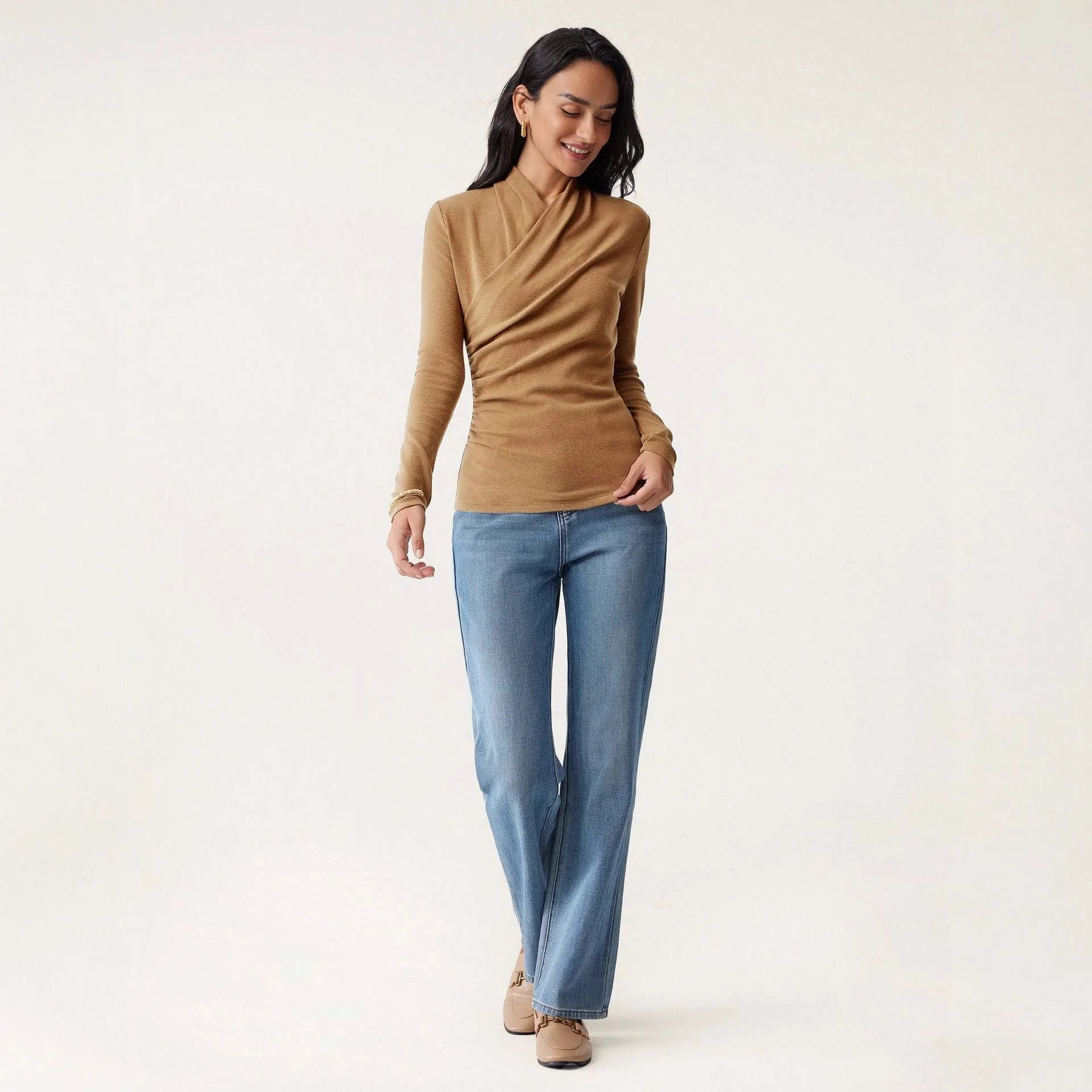 Camel coloured women's slim fit pullover sweater with long sleeves