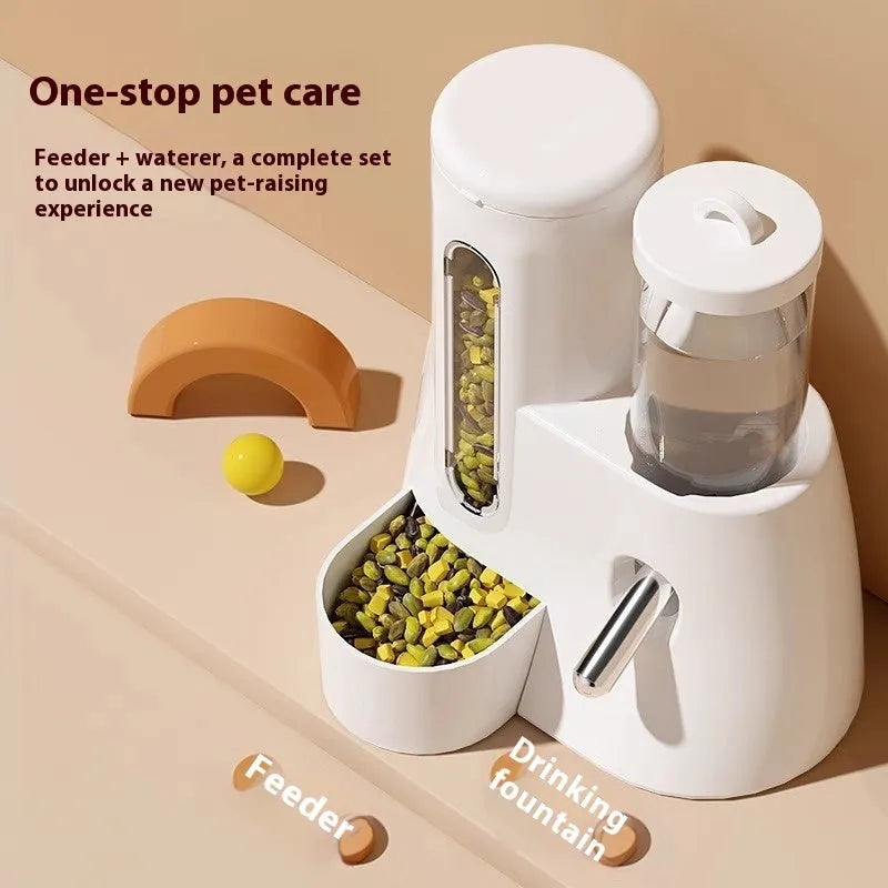 White, blue, and pink hamster automatic water feeder and food basin for cage.