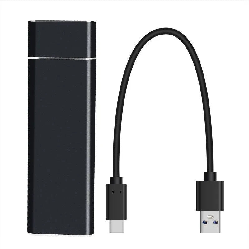 Sapphire blue metal portable solid state external hard drive with USB cable on a white background.