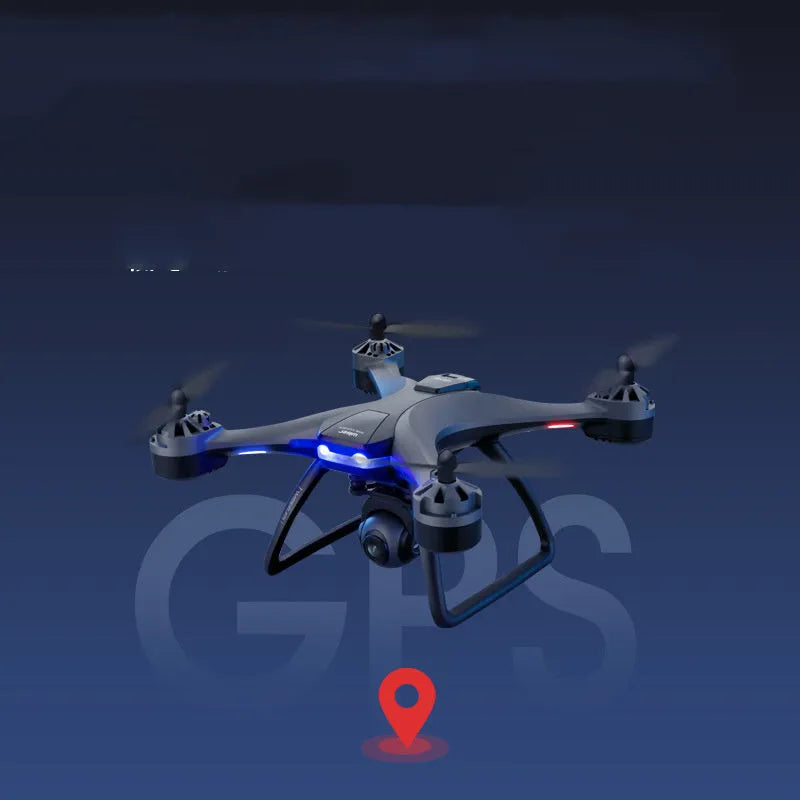 GPS quadrocopter toy drone with remote controller, spare blades, and landing gear on white background