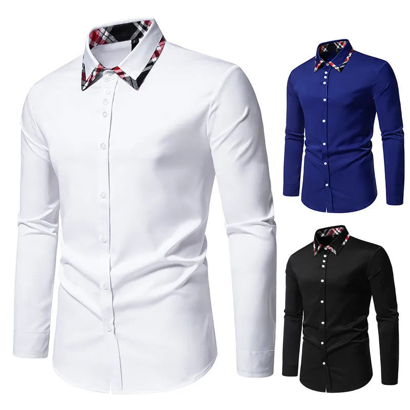 Men's plaid contrast colour long sleeve shirt with triangle collar in blue, black or white options