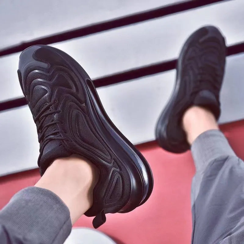 Men's black lace-up sneakers with air cushion sole and round toe design