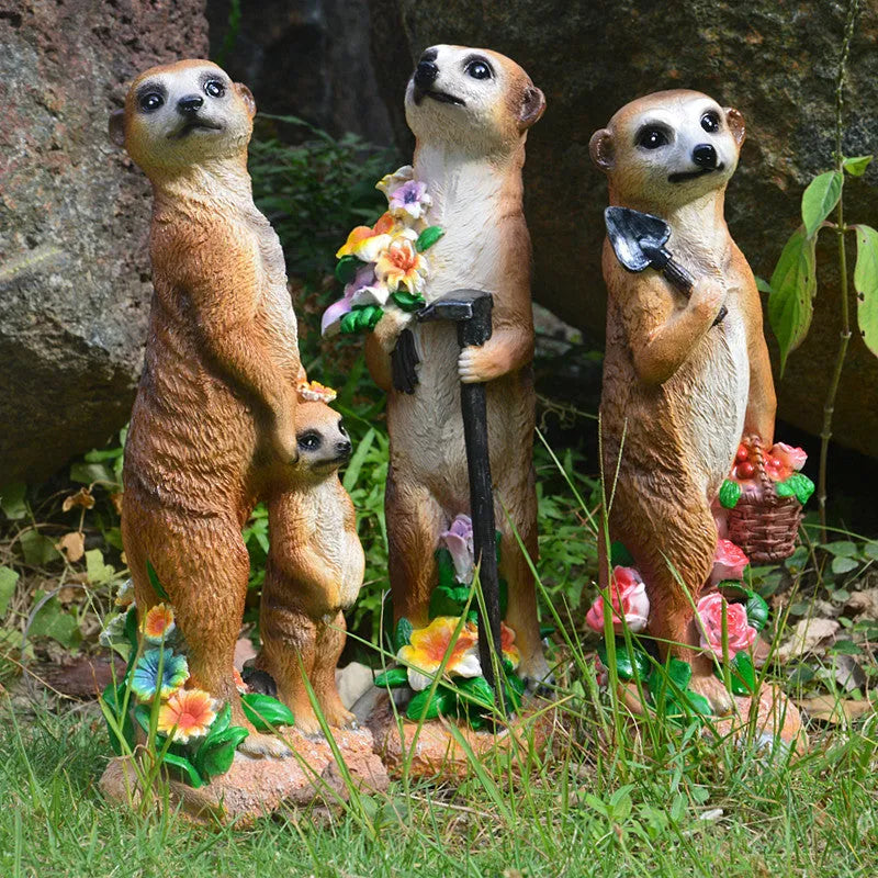 Yellow brown straw hat mongoose resin ornament with rake or shovel for garden decoration
