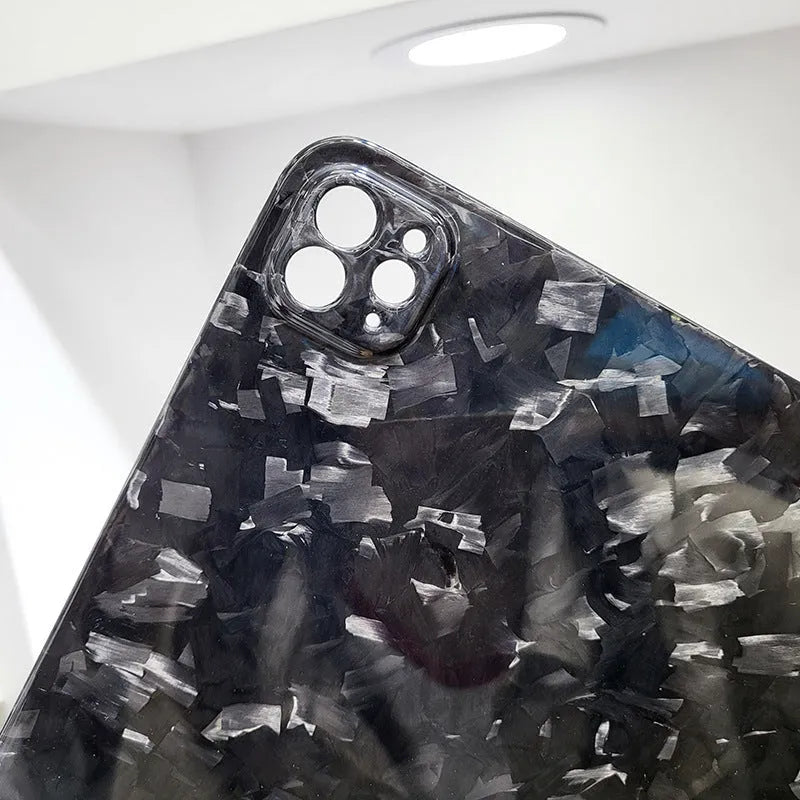 Real carbon fibre hard protective case for Apple iPad Pro 11 tablet in a flat design.