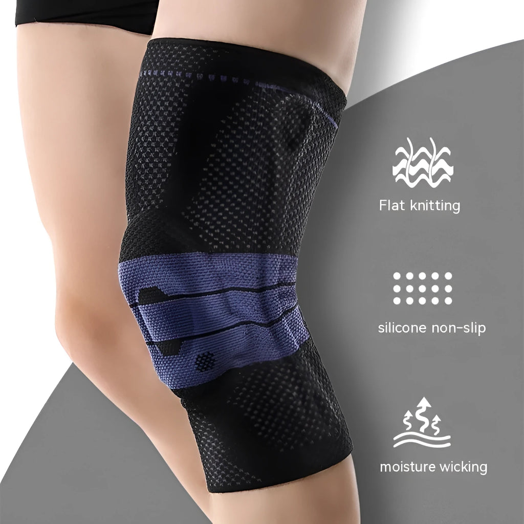 Black and blue adult sports knee pad made from nylon and spandex, shown on a knee.