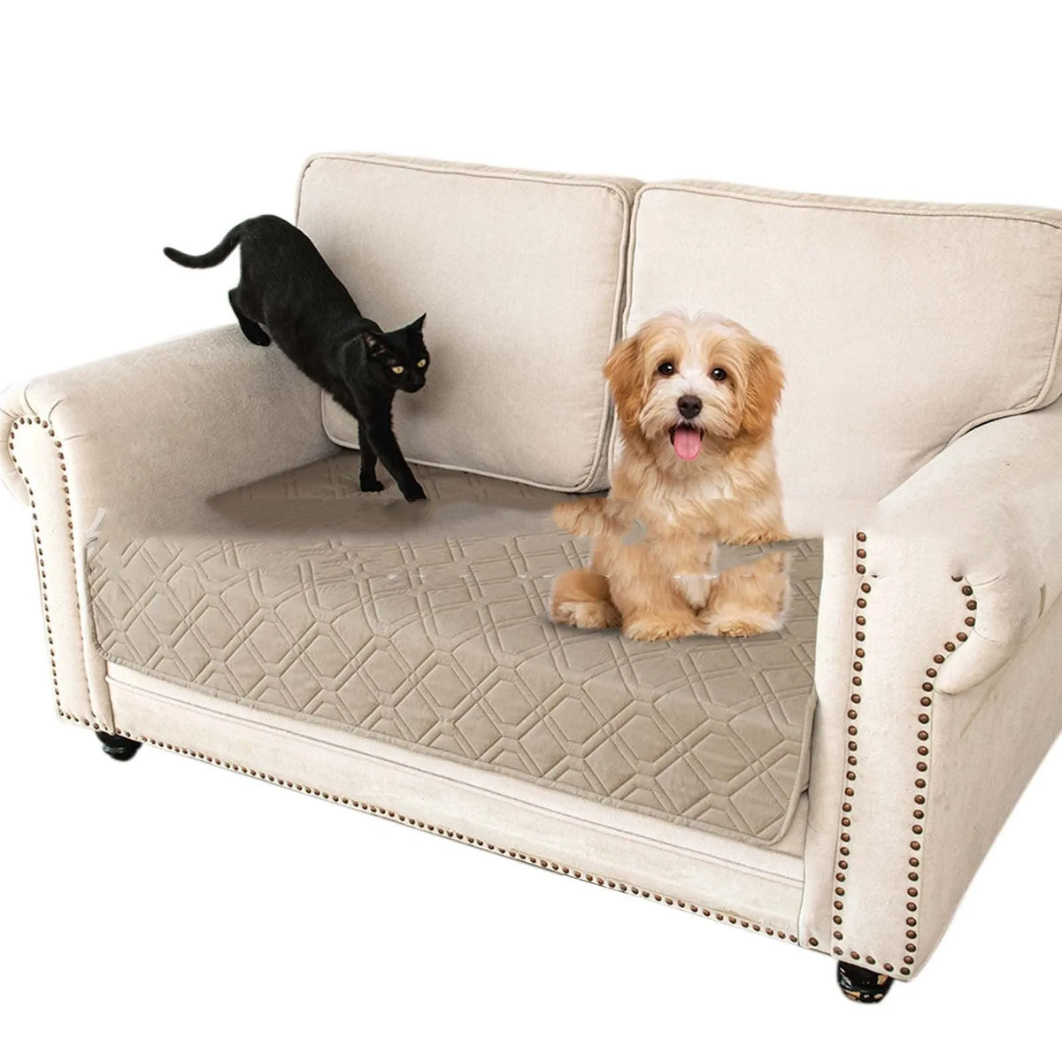 Reversible waterproof dog cushion showing dark grey and khaki colour sides, with size graphic.