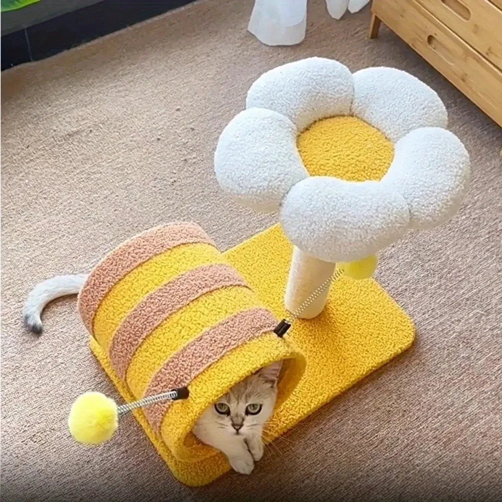 Yellow cat scratching post and climbing frame with sisal board and integrated tunnel.