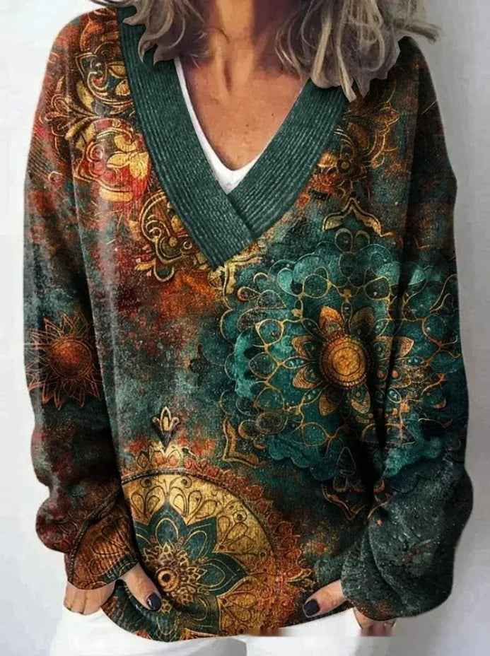 Women's V-neck long sleeve sweatshirt with a white-based 3D floral print pattern.
