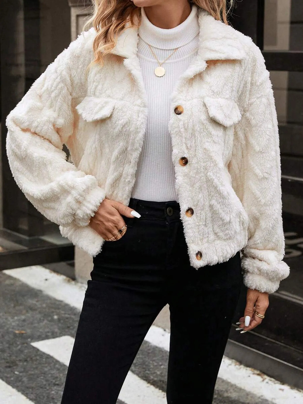 Women's ivory white double-sided plush button cardigan coat showing front closure and regular fit