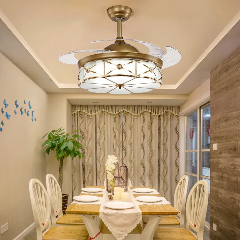 Golden 42-inch ceiling fan light with invisible blades and remote control for living room or bedroom.