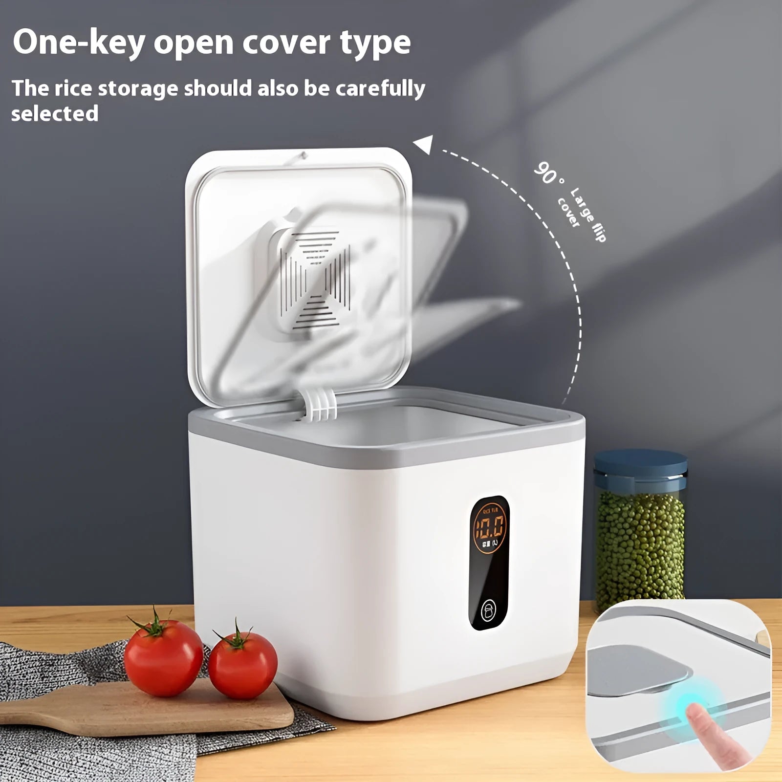 Grey plastic rice storage jar with sealed lid and measuring cup for kitchen grain storage
