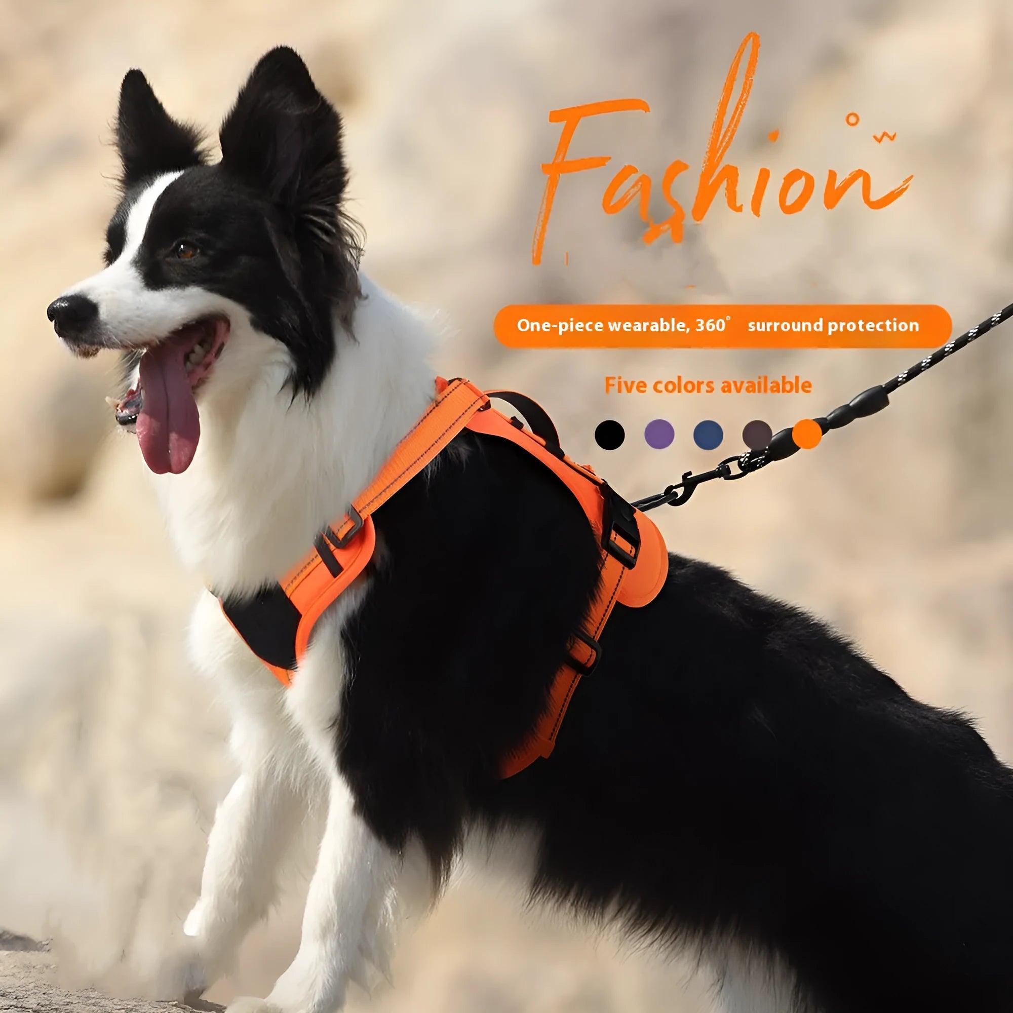 Orange PU dog harness with reflective trim and matching lead with black handle grip.