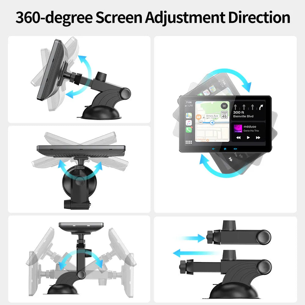 7-inch wireless CarPlay car display with suction cup mount and cigarette lighter connection