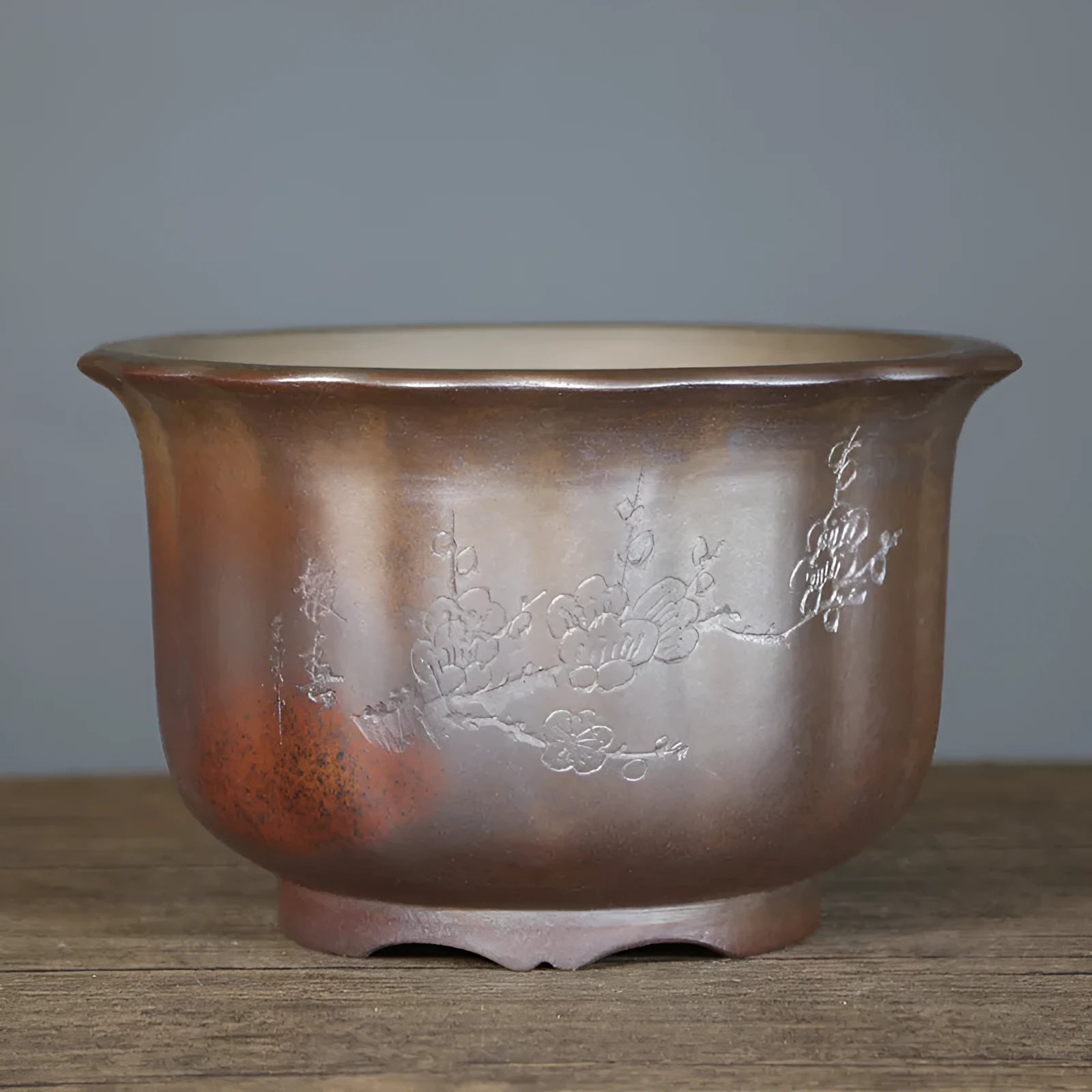 Antique carved purple sand ceramic flower pot with wood burning design, large bonsai basin size