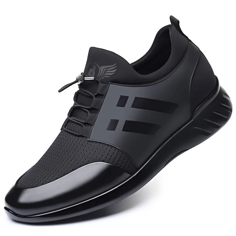 Men's black height increasing shoes with internal 3-5cm elevation, round toe and chunky heel design