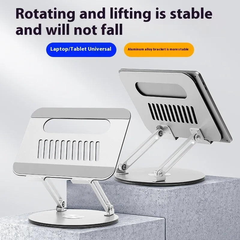 Silver aluminium laptop stand with height adjustment and rotatable foldable design