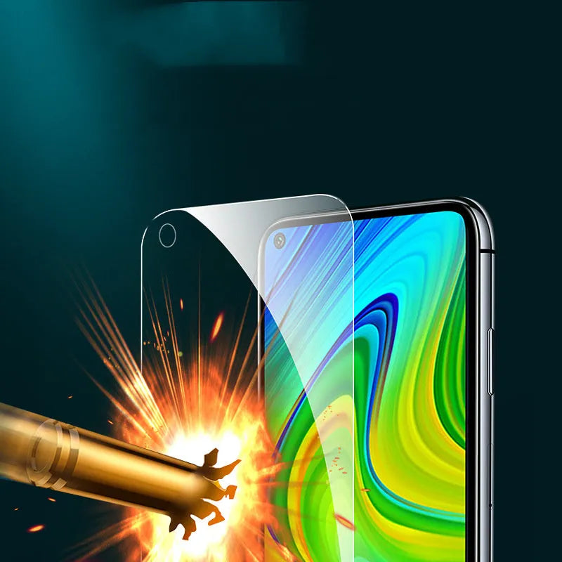 Xiaomi mobile phone tempered glass screen protector showing edge-to-edge coverage on phone display