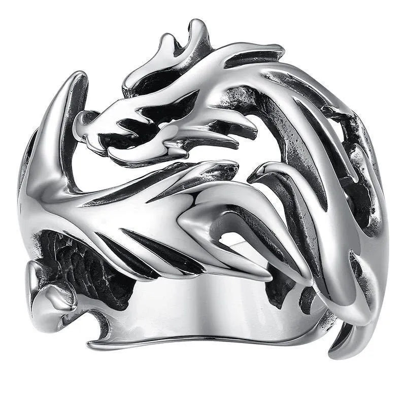 Chinese style luminous dragon pattern adjustable ring in antique silver blue and green metal.