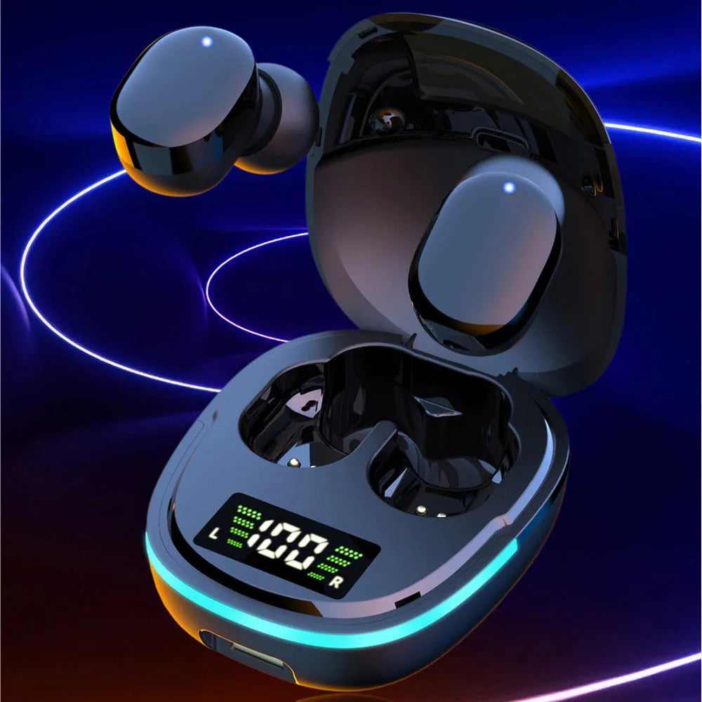 Black true wireless Bluetooth in-ear headphones with charging case and ear caps