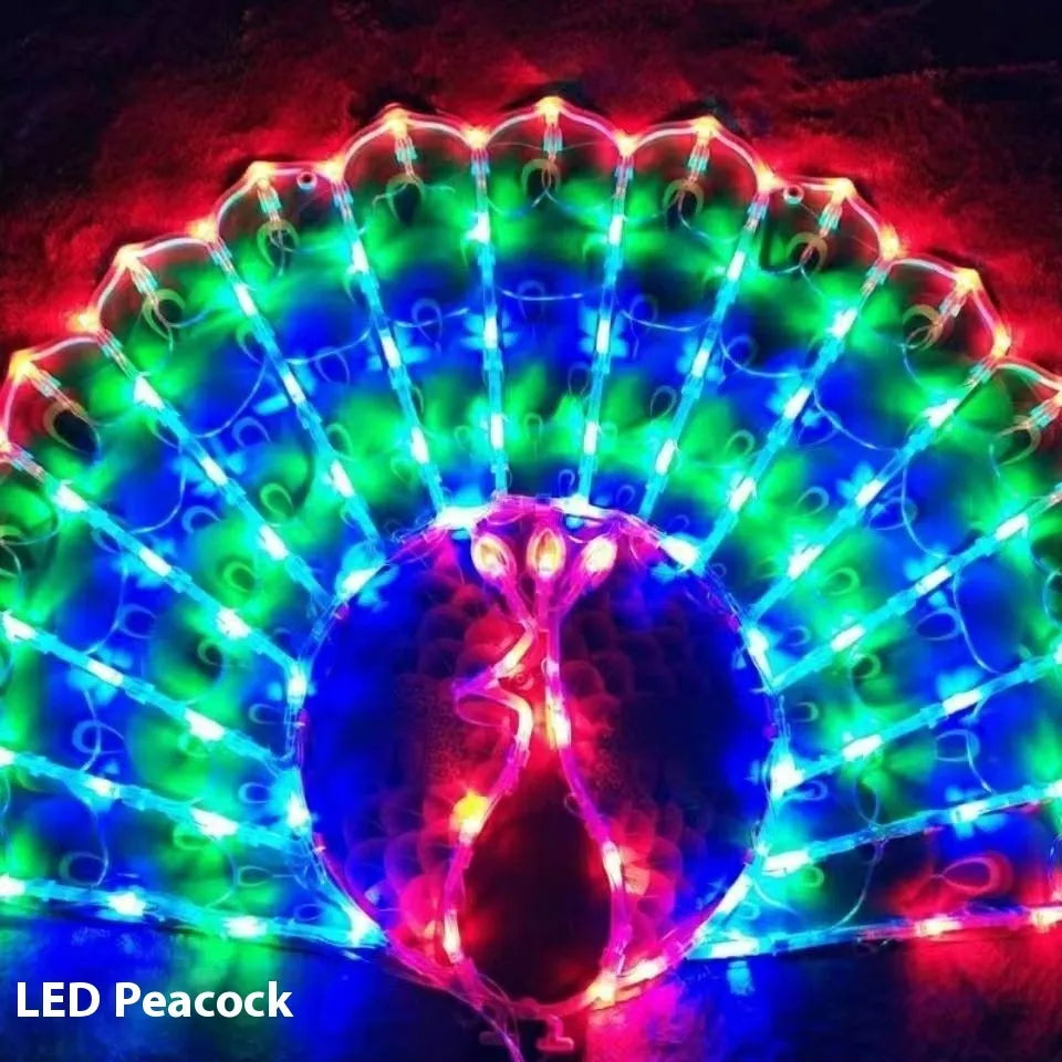 Outdoor Christmas string lights with decorative peacock, heart, sunflower and star bulb designs