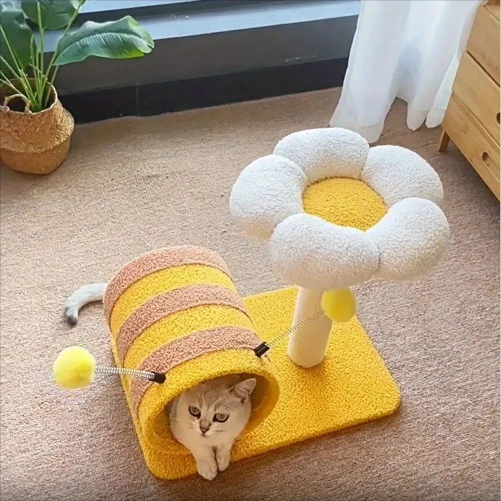 Yellow cat scratching post and climbing frame with sisal board and integrated tunnel.