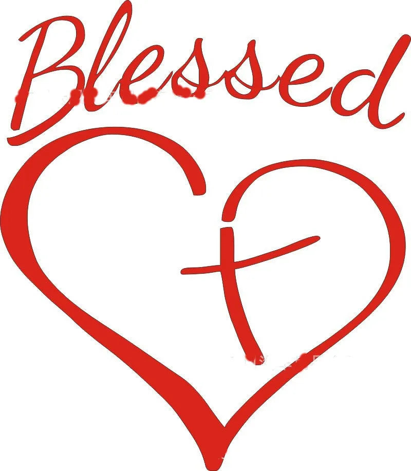 Large red heart-shaped sticker with the words Faith, Hope, Love printed on it.