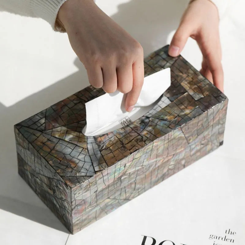 Black shell tissue box storage container with removable organisation tray on wooden table