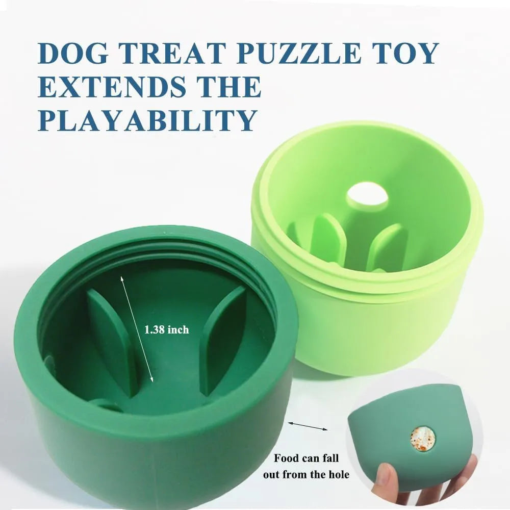 White and blue food grade silicone dog treat puzzle ball measuring 8x11cm